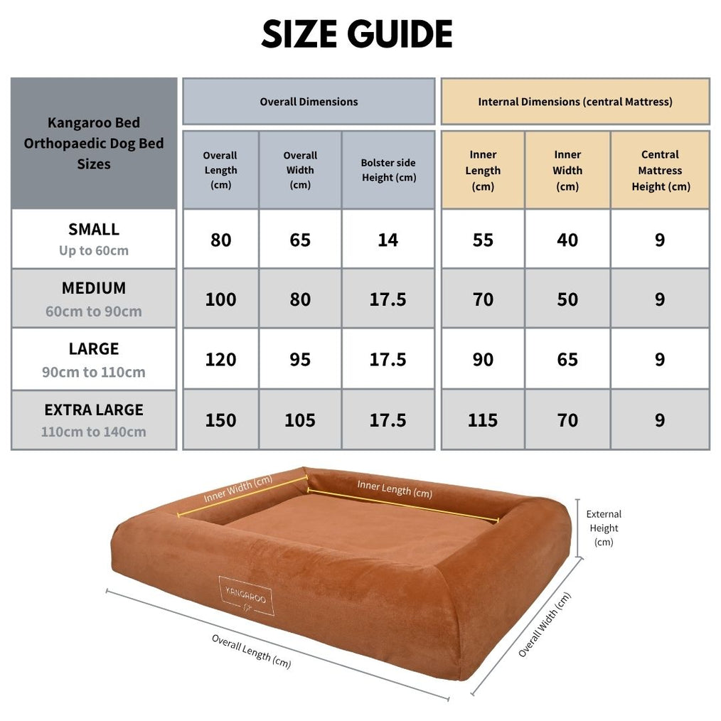 Kangaroo Bed orthopaedic dog bed sizes - perfect for small to extra large dogs